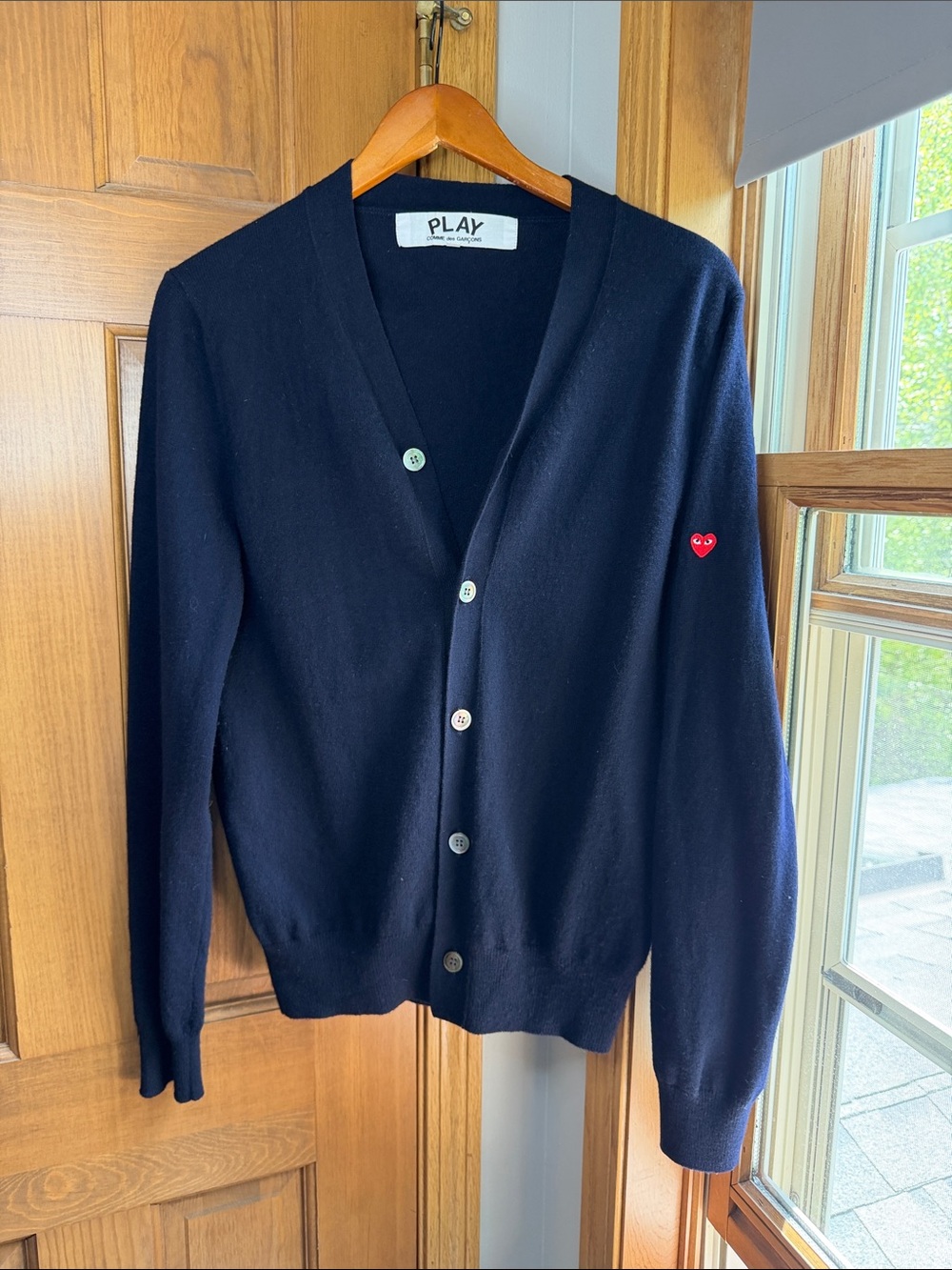 Comme des Garcons Play Red Heart Cardigan in Navy with Heart on Sleeve